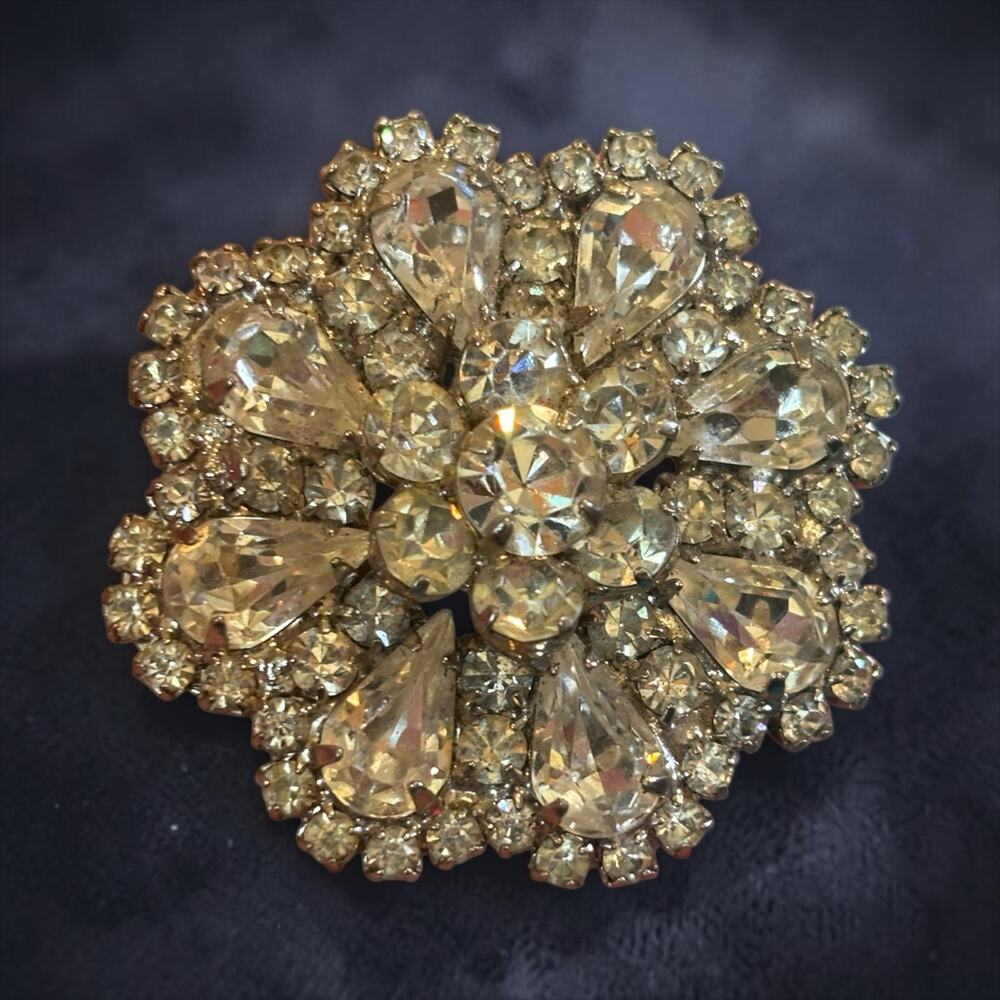 Signed Weiss Rhinestone Flower Brooch Vintage Crystal Floral Statement Pin Glam